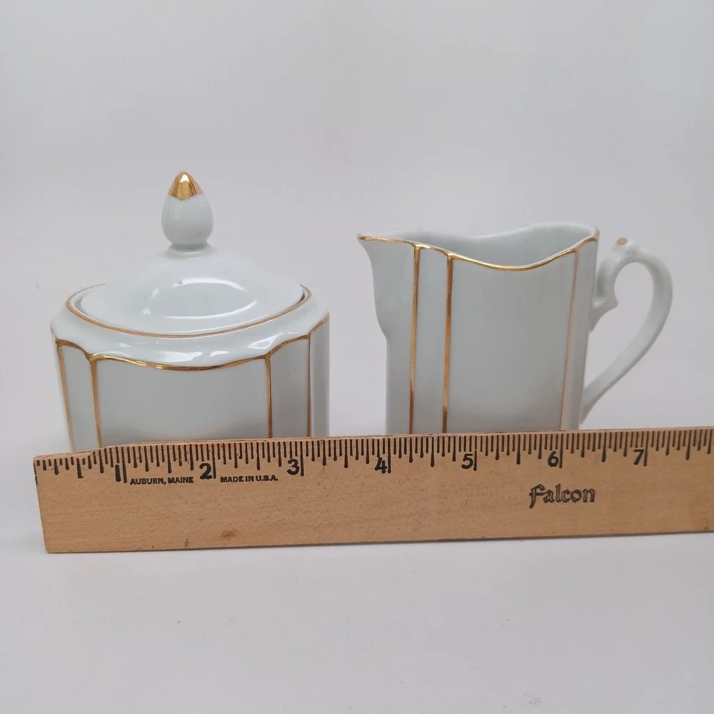 Lord & Taylor Vintage Porcelain Sugar Bowl and Creamer Set Gold Gilt Japan White